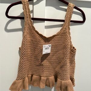 AE Women's Tan Knit Ruffle Hem Top - Crop Style